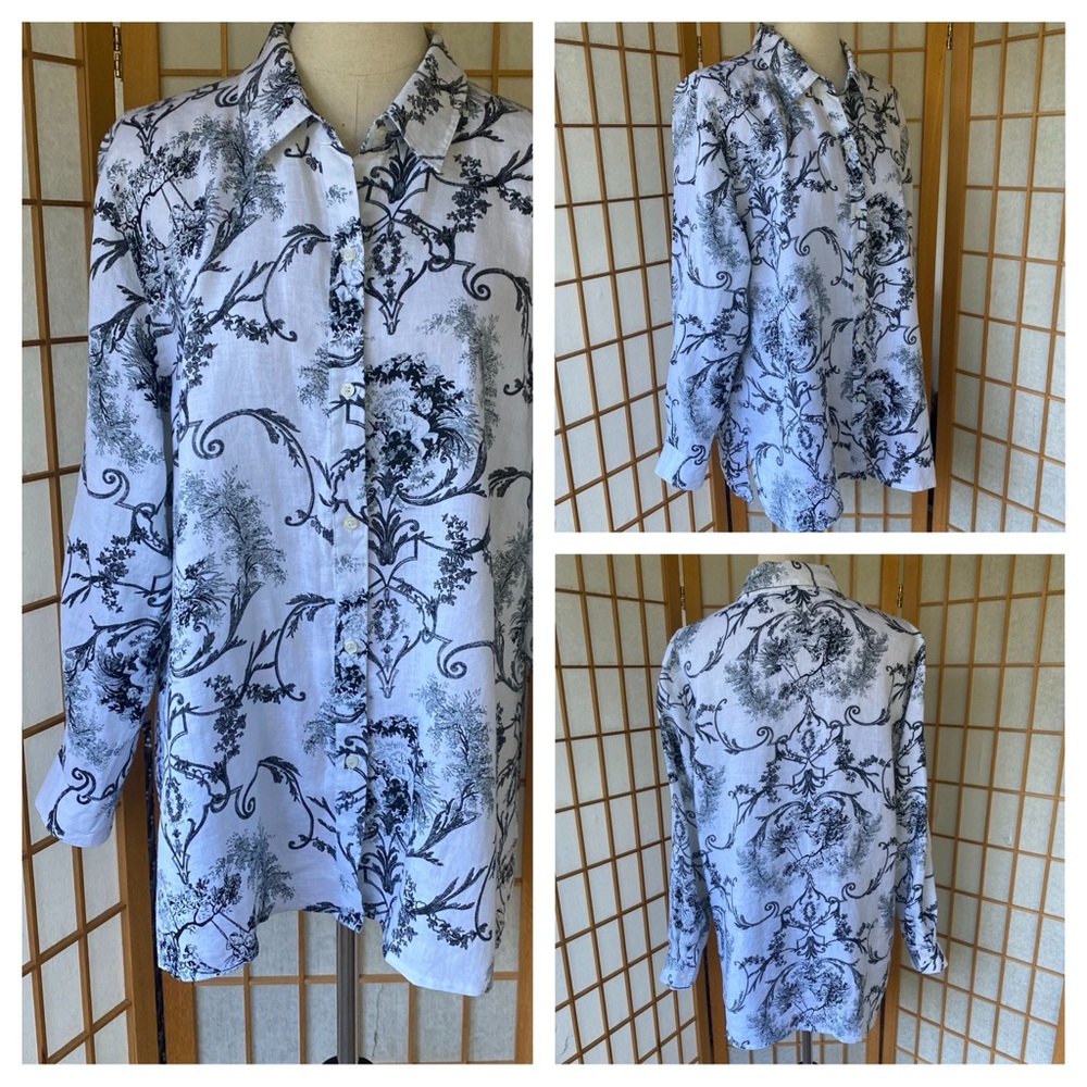 Alice Blue 100% Linen Button Up Print Blouse SZ Xl